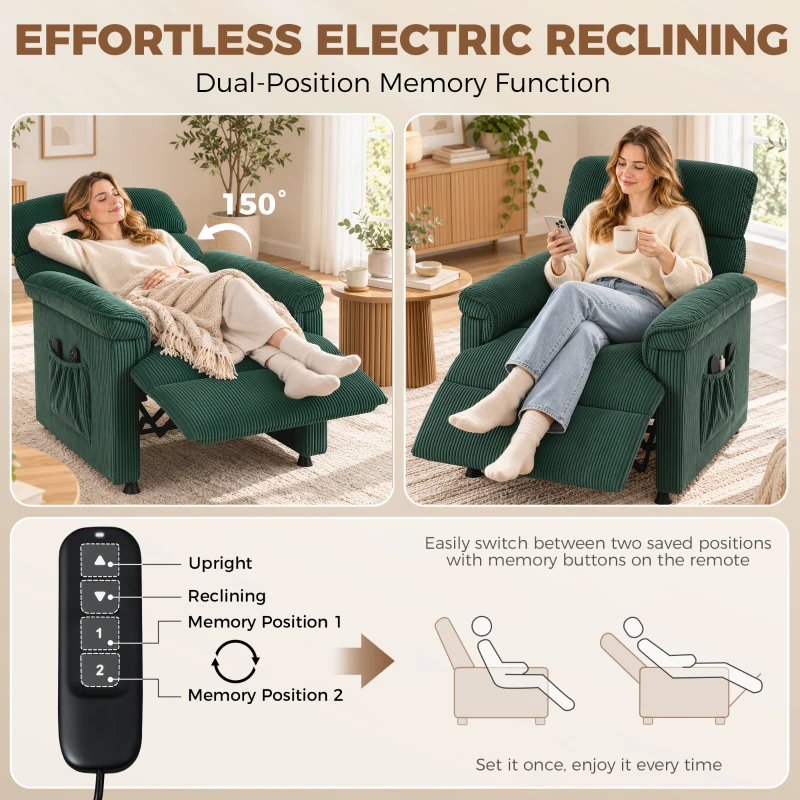 HOMCOM Corduroy Electric Recliner Armchair with Massage and Heat - Green