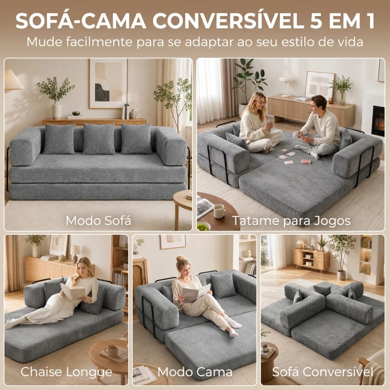 HOMCOM Sofá-cama 205 cm, futon 5 em 1 sem estrutura, assento 75 cm, espuma de alta densidade, sem montagem, cinzento