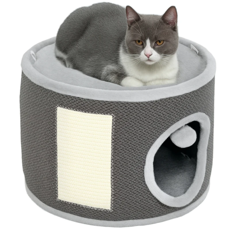 PawHut Kattenhol, 2 Niveaus, Kattenhuis, Pluche, Kussens, Sisal-Krabplank, Ø40 x 30H cm, Donkergrijs