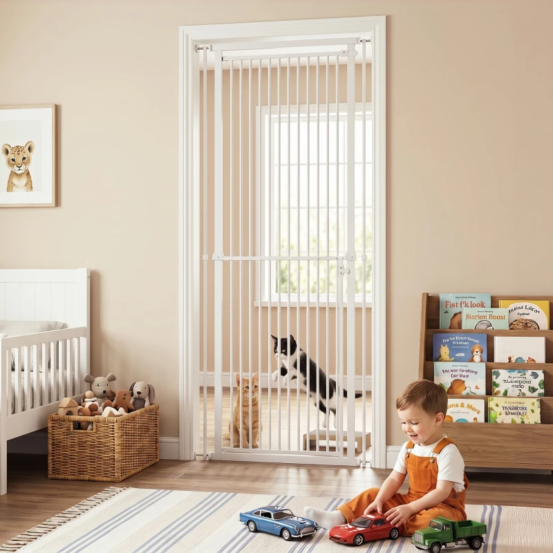 PawHut Barreira de Segurança Extra Alta para Crianças, Cães e Gatos 112-200 cm, Largura Ajustável 76-85 cm para Portas e Escadas