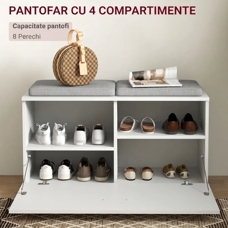 HOMCOM Set Mobilier pentru Hol cu Cuier, Oglindă, Bancă cu Pernă și Dulap pentru Pantofi pentru 8 Perechi, Alb(m-7)