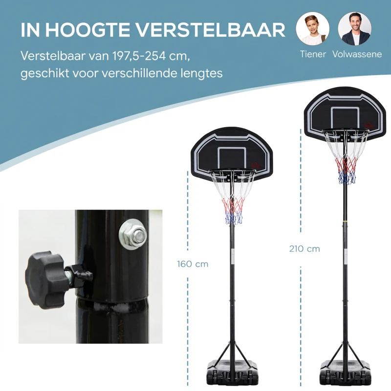 HOMCOM Outdoor basketbalring voor jongeren, 160-210 cm in hoogte verstelbare basketbalstandaard met wielen
