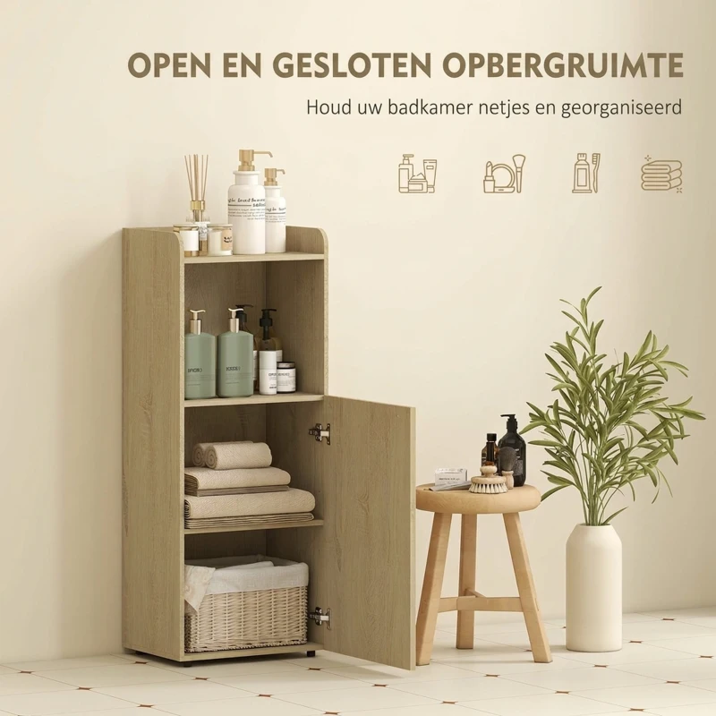 HOMCOM Badkamerkast Niskast met deur, open vak, verstelbare plank, badkamerkast, 40 x 31 x 104 cm, gele eik