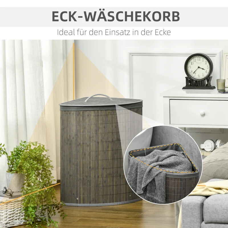 HOMCOM 55 L Wasmand met Deksel, Handvat, Wasklerensorteerder met Uitneembare Waszak voor Badkamer, Bamboe, Grijs