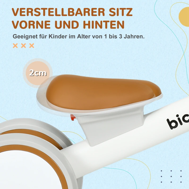 AIYAPLAY Loopfiets, verstelbare zitting, Fluisterwielen, Voor 1-3 jaar, Tot 20 kg, Bruin/Wit