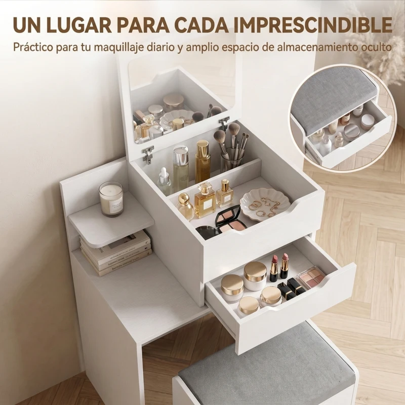 HOMCOM Tocador con Espejo Abatible y Espejo de Aumento Taburete Acolchado con Ruedas 2 Cajones y Balda Abierta Blanco