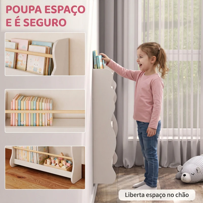 AIYAPLAY Estante de Livros Infantil de Parede com 3 Níveis, para Sala de Brincar, Sala de Estar e Cantinhos de Leitura, Branco, 3-8 Anos