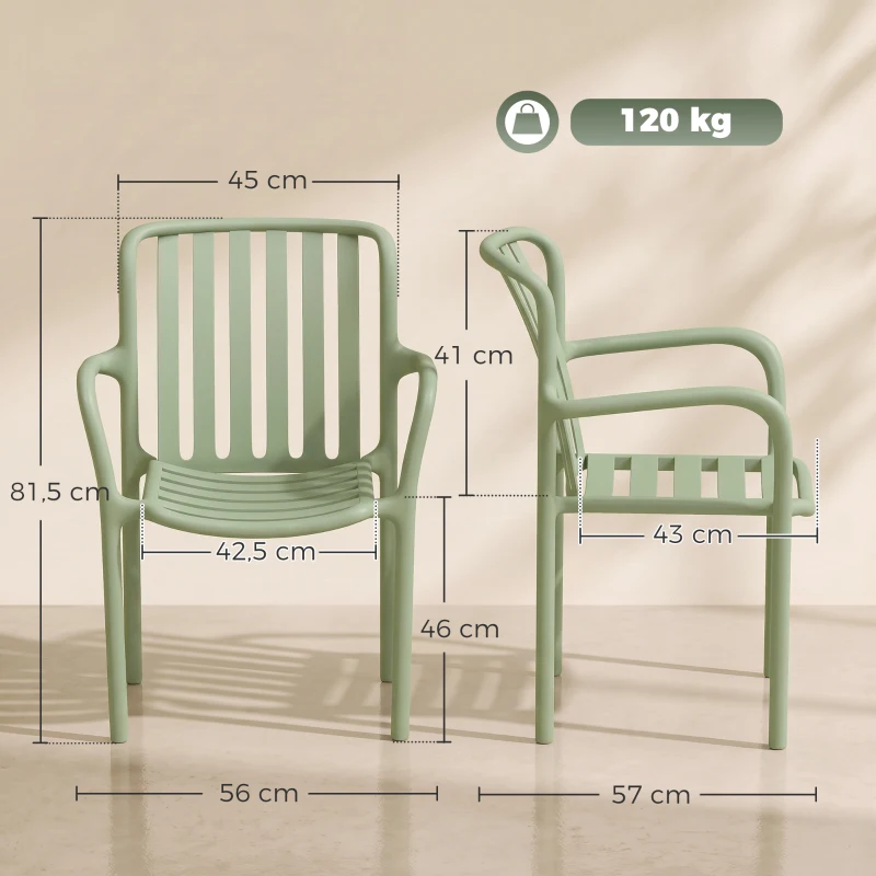 HOMCOM Lot de 4 Chaises Salle à Manger, Chaises de Cuisine Empilables en PP avec Dossier Incurvé à Lattes et Accoudoirs, Vert