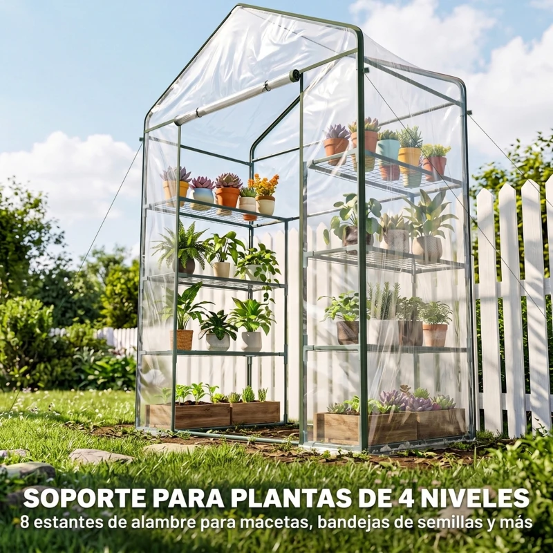 Outsunny Invernadero de Exterior Invernadero de Jardín de 4 Niveles con Estantes Marco de Acero Invernadero para Cultivo de Plantas Flores Tomates 143x73x195 cm Transparente