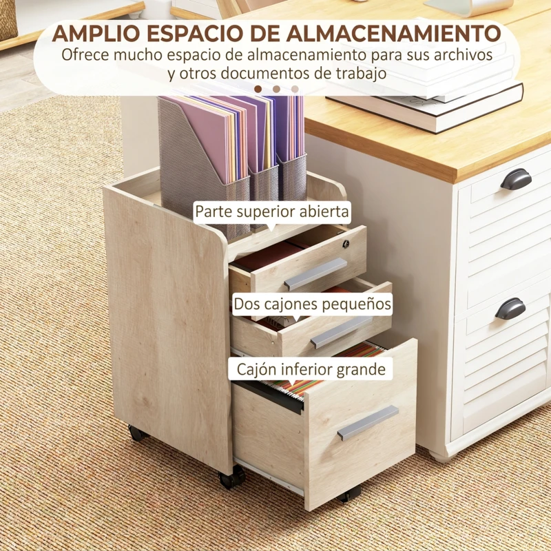 HOMCOM Cajonera Escritorio con Ruedas y 3 Cajones Cerradura y 2 Llaves Barras Ajustables para Archivos 39,2x40x65,4 cm Roble