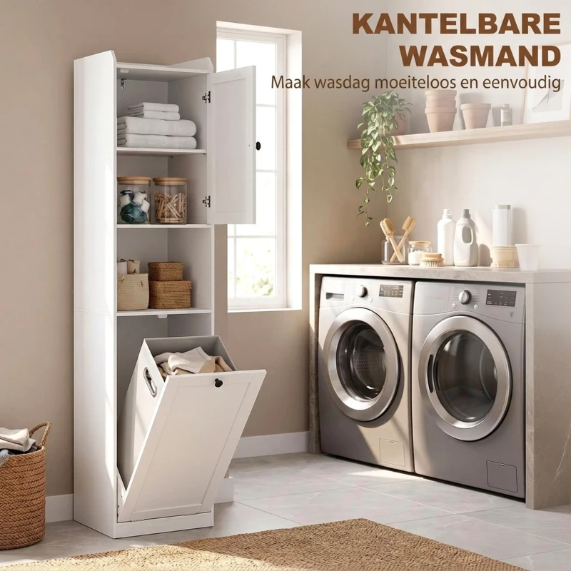 HOMCOM Hoge Badkamerkast met Wasmand, 40 cm Breed, Wit