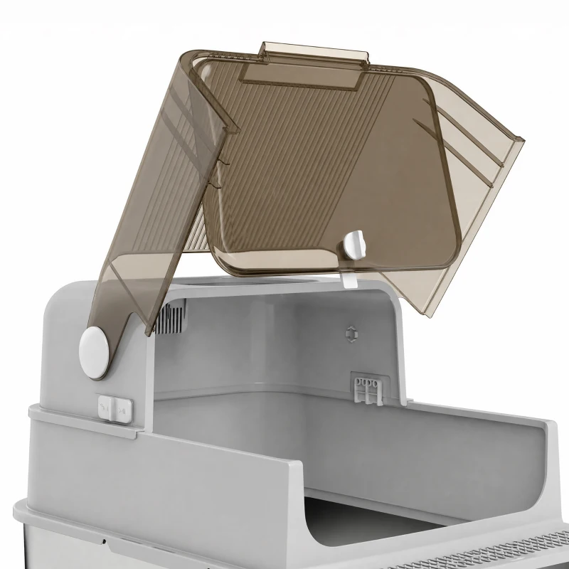 PawHut XXL RVS-kattenbak met opklapbaar deksel, kattenbak met schep, voor grote katten tot 20 kg, gemakkelijk schoon te maken, geurneutraliserend, Grijs(m-10)