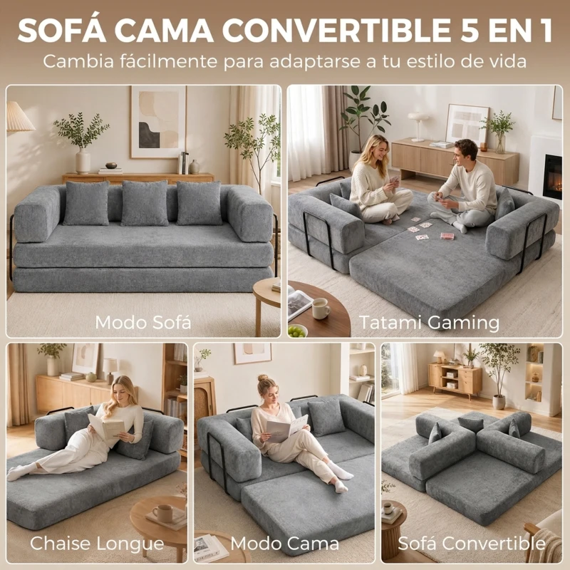 HOMCOM Sofá Cama Modular 5 en 1 con 2 Almohadas Asiento Profundo Reposabrazos Anchos Acolchado Grueso No Requiere Montaje Gris