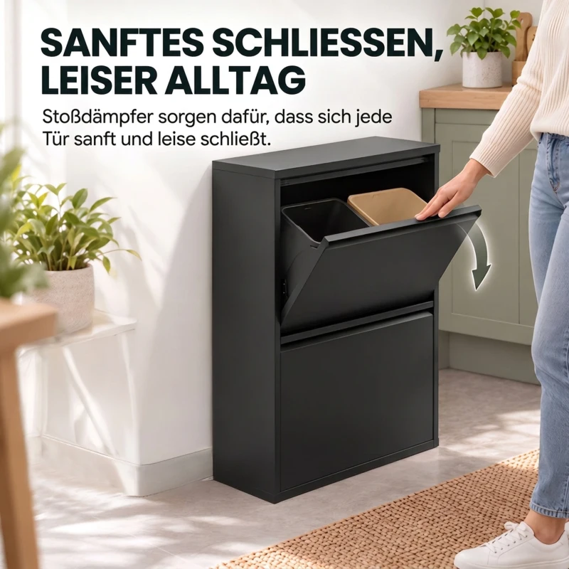 HOMCOM Szafka na śmieci 60 l z uchylnymi klapkami, 4-komorowy kosz do recyklingu, wąski, Soft-Close, wyjmowane wkłady, czarny