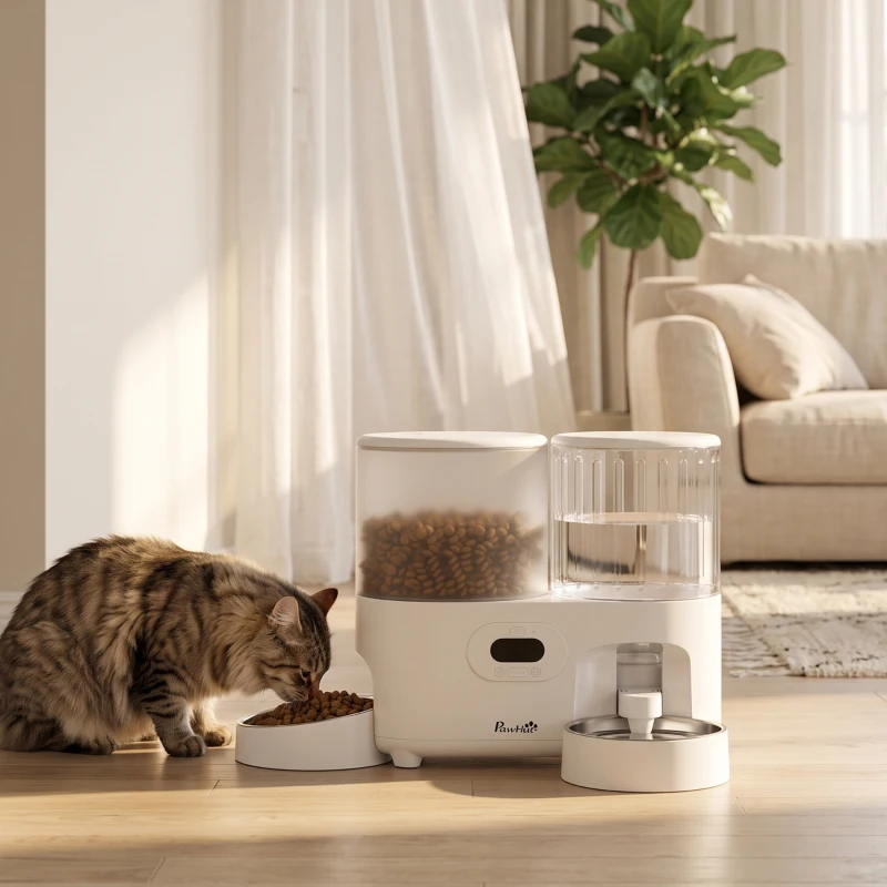 PawHut Comedero Automático para Gatos/Perros con Dispensador de Agua 2 en 1 5L Comida y 4L Agua con Temporizador Cuencos Inox