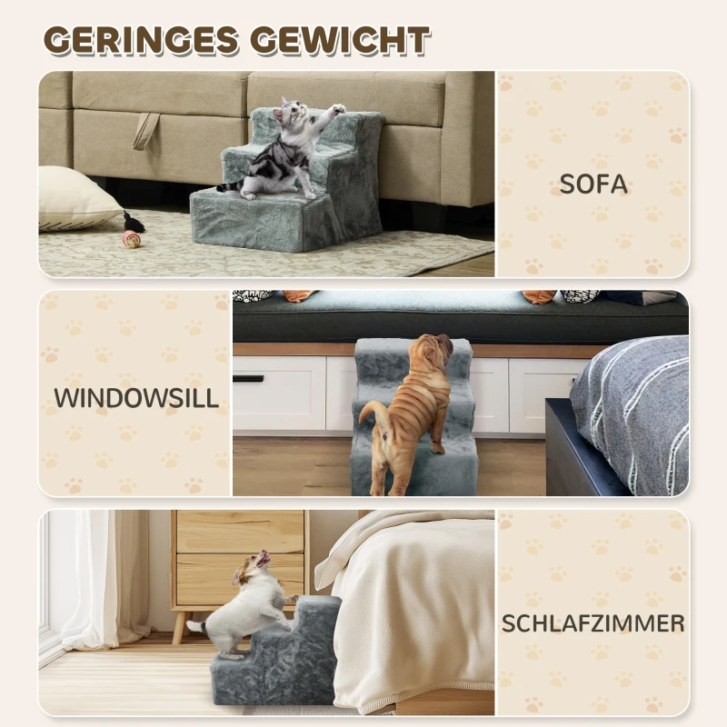 PawHut Opvouwbare huisdiertrap, 3 treden, wasbare pluchen hoes, spaanplaat, 46 x 35 x 35 cm, Lichtgrijs