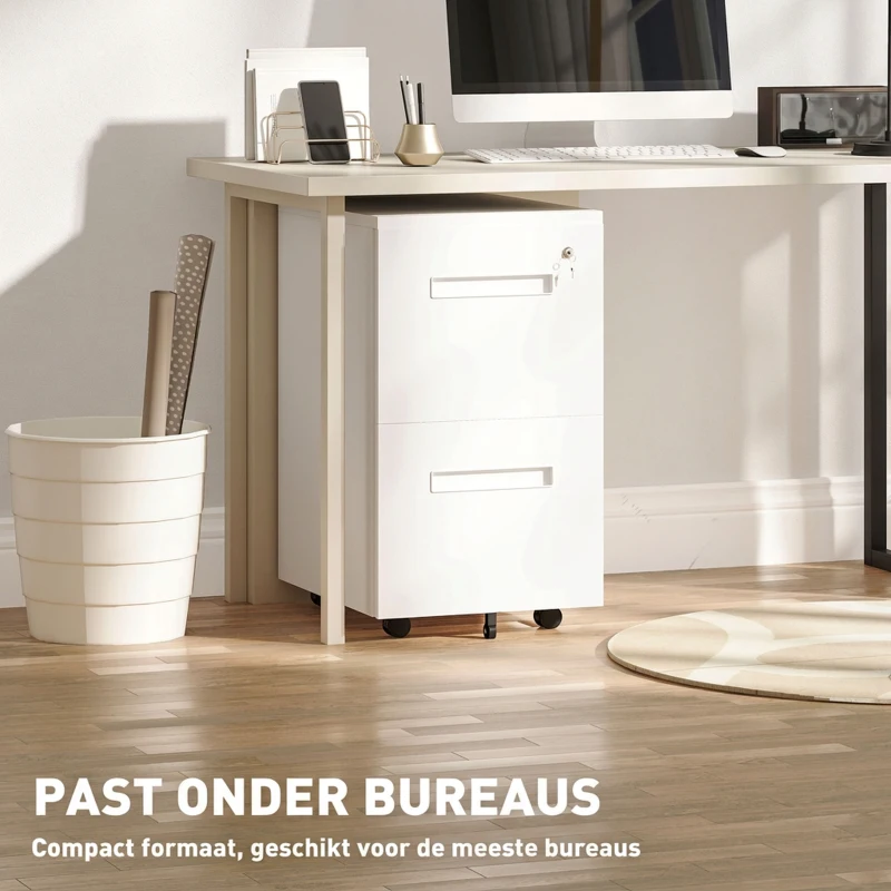 Vinsetto Rolcontainer, archiefkast, scheidingswand, centraal afsluitbaar, stalen behuizing, 5 wielen, wit, 39 x 48 x 67 cm