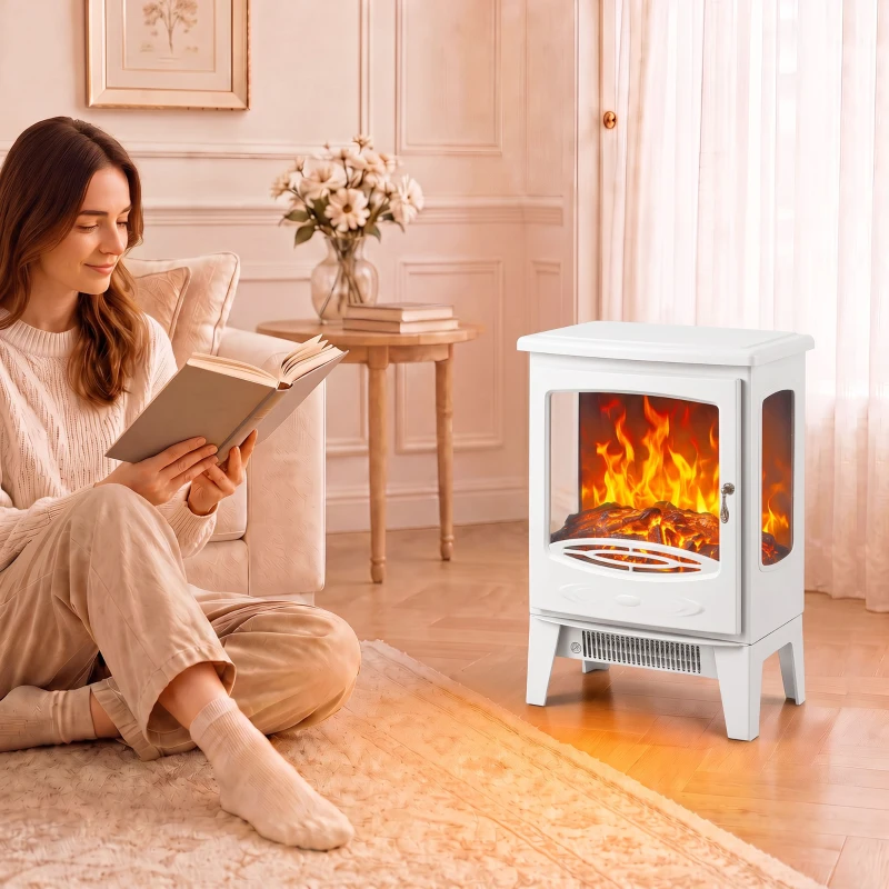 HOMCOM 900W/1800W Freestanding Electric Fireplace, Room Heater with Adjustable Artificial Flame, 3-Sided Tempered Glass, White