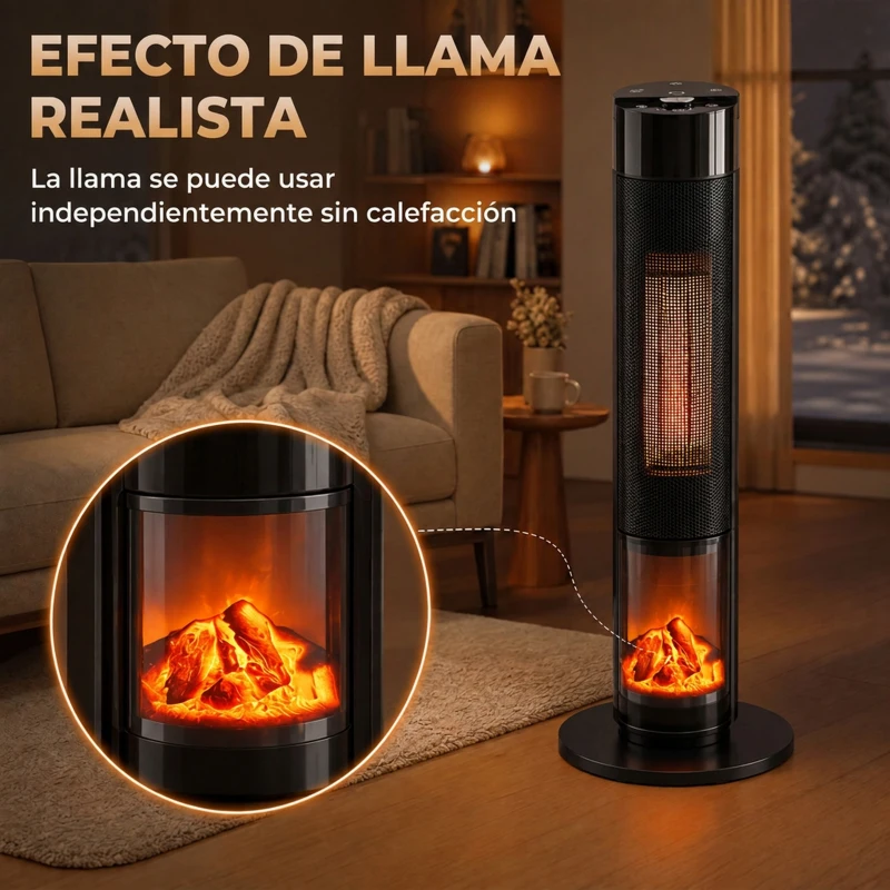 HOMCOM Calefactor Eléctrico Cerámico PTC 2000W con 5 Modos App Wi‑Fi Llama 3D Mando Protección Contra Sobrecalentamiento Negro