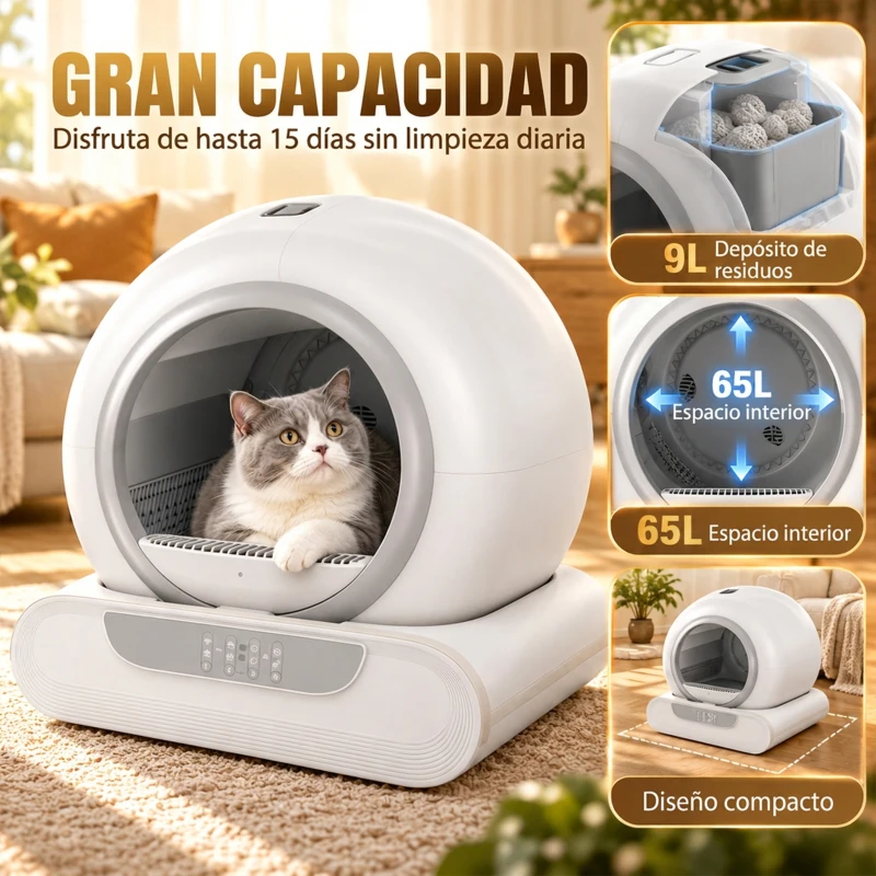 PawHut Arenero Gatos Autolimpiable 65L Control APP sin Olores Antifugas Sensores de Seguridad Entrada Baja Bolsas de Basura