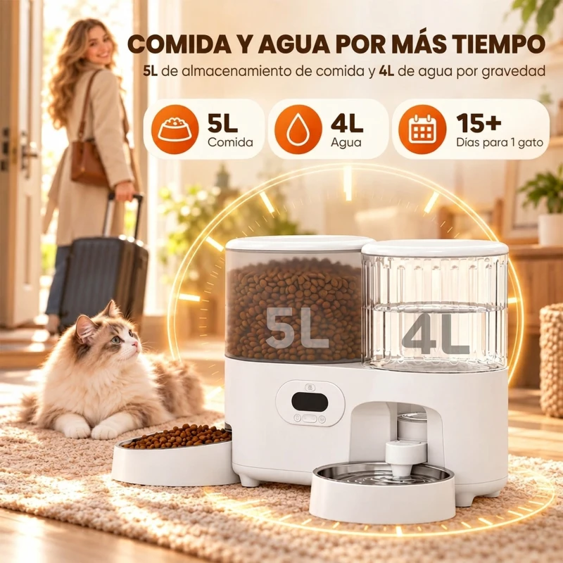 PawHut Comedero Automático para Gatos/Perros con Dispensador de Agua 2 en 1 5L Comida y 4L Agua con Temporizador Cuencos Inox
