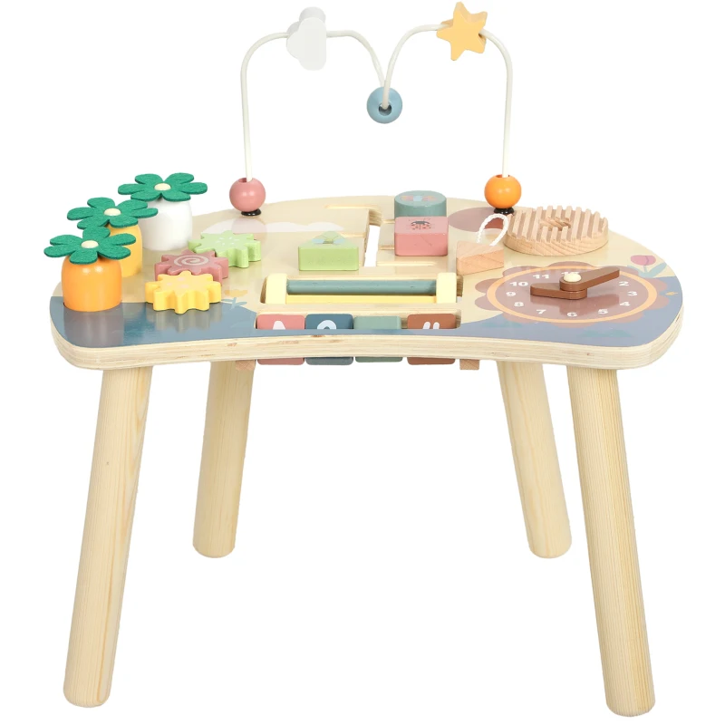 AIYAPLAY Mesa de Atividades em Madeira para Bebé 1-3 Anos, Montessori 6 em 1 com Engrenagens, Labirinto de Contas e Relógio