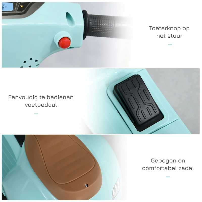 HOMCOM VESPA elektrische motorfiets kindermotorfiets elektrisch voertuig 18-36 maanden 3 km/h LED licht geluid PP-kunststof metaal groen 66.5 x 38 x 52 cm