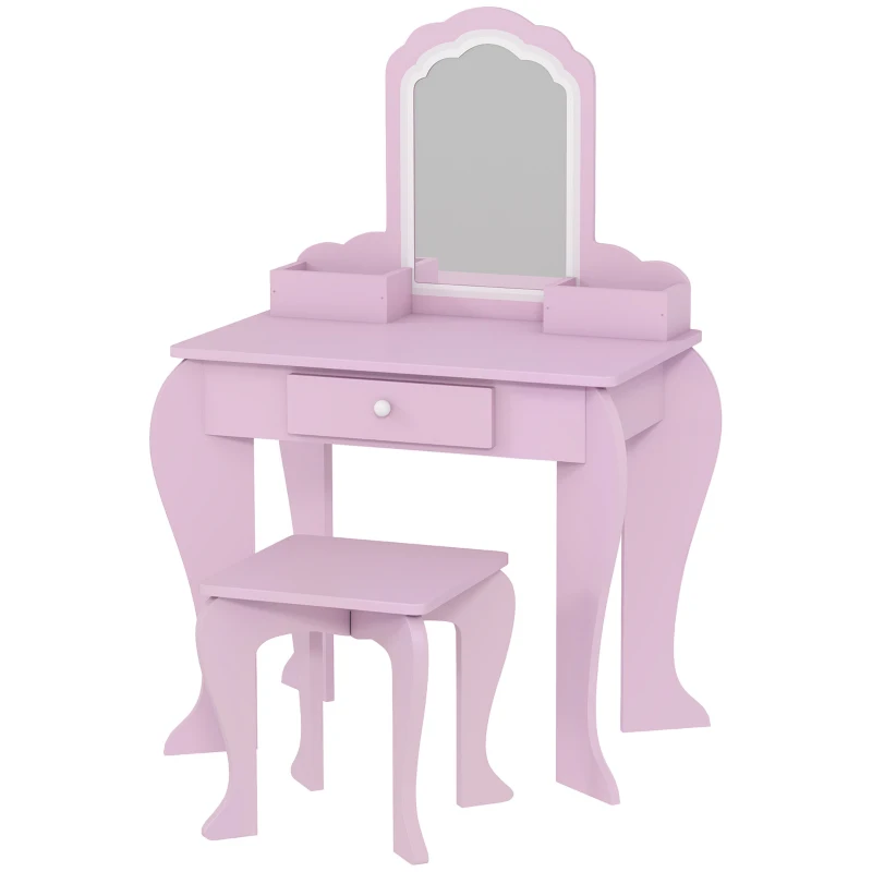 ZONEKIZ Set Toeletta per Bambina con Specchio Trucco e Sgabello Abbinato in Legno, Cassetto e Contenitori, Rosa