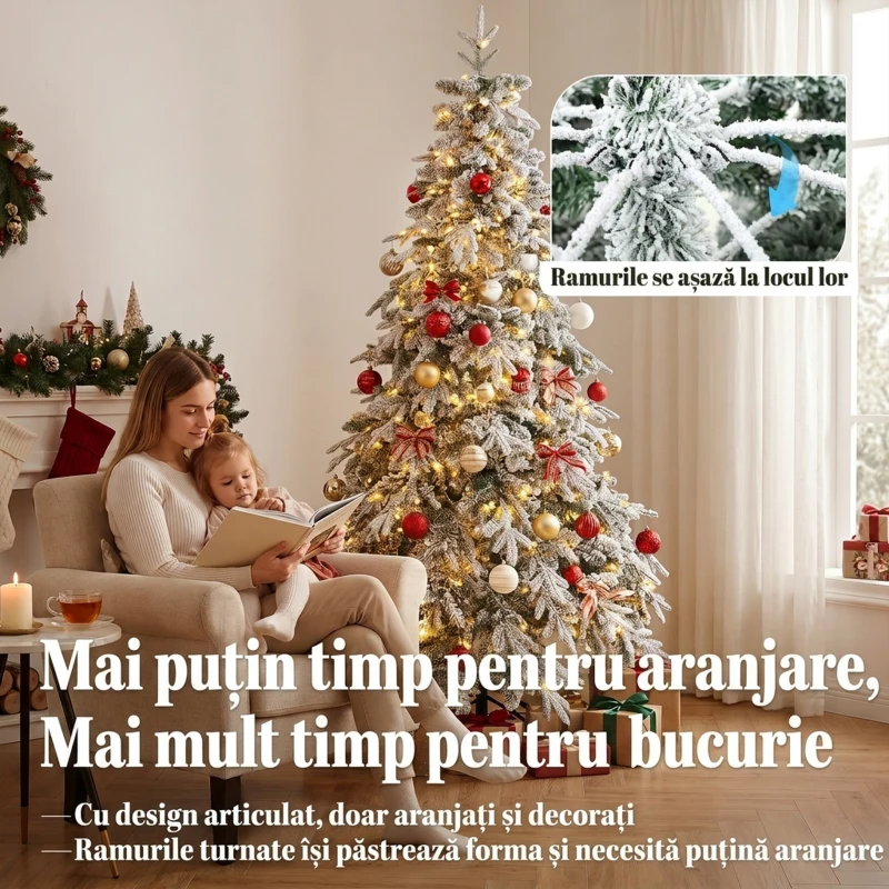 HOMCOM Brad de Crăciun Înzăpezit 180 cm cu 350 de Lumini LED Alb Cald, Timer, Telecomandă, 8 Modalități, 740 de Ramuri Ignifuge