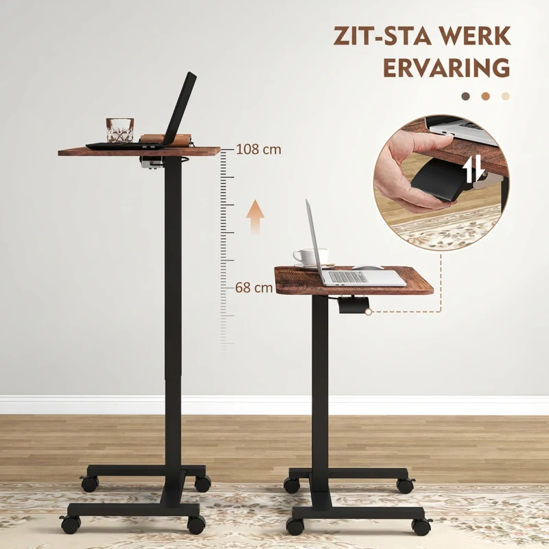 Vinsetto Staand bureau, statafel, verstelbare hoogte, 4 wielen, 65 cm x 48 cm x 108 cm, bruin + zwart(m-4)