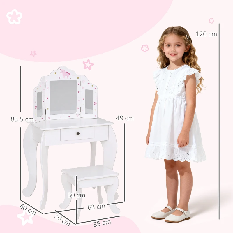 HOMCOM Toeletta per Bambini con Sgabello, Tavolo Trucco con Triplo Specchio e Cassetto, 63x40x85.5cm, Bianco