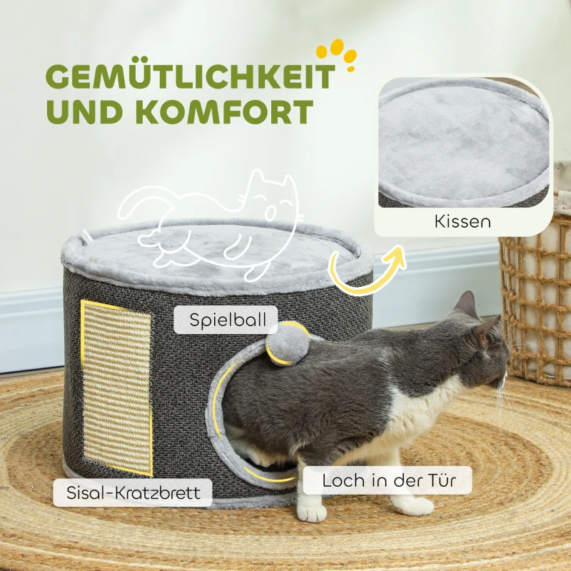 PawHut Kattenhol, 2 Niveaus, Kattenhuis, Pluche, Kussens, Sisal-Krabplank, Ø40 x 30H cm, Donkergrijs