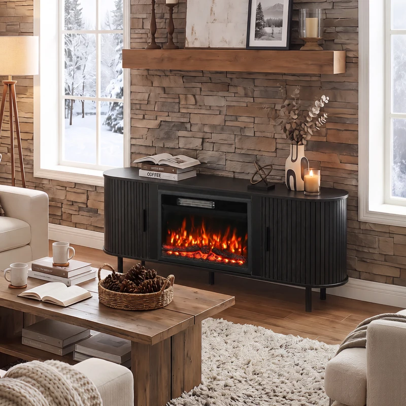 HOMCOM Electric Fireplace TV Stand for 70" TVs, 1800W Entertainment Center with Adjustable Flame Effect, Storage