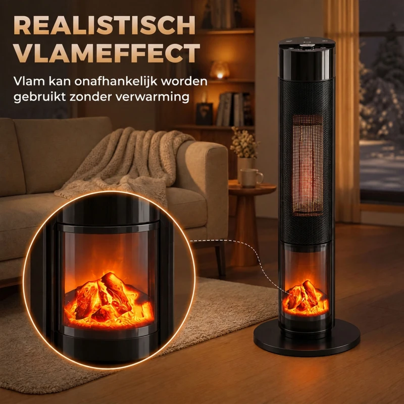 HOMCOM Keramische kachelventilator 2000 W met thermostaat, 3D-vlameffect, elektrische verwarming en afstandsbediening, zwart