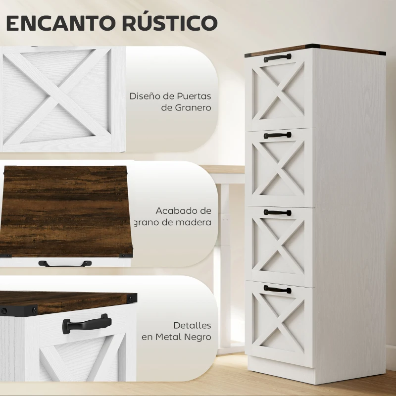 HOMCOM Cajonera Escritorio con 4 Cajones Soporte para Impresora con Riel Colgante para A4 y Carta 40x40x131 cm Blanco