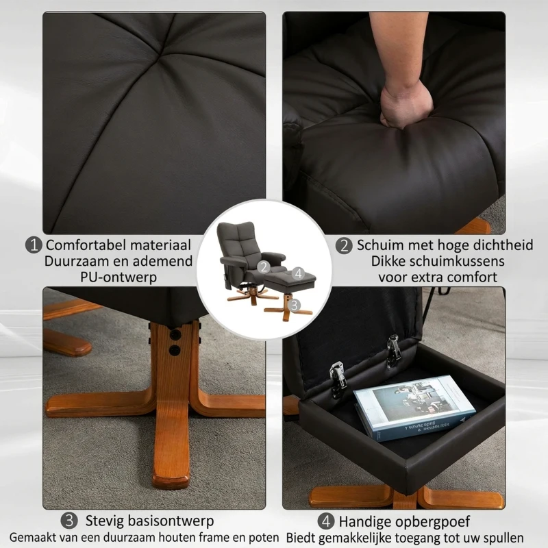 HOMCOM massagestoel met ottoman relaxstoel TV-stoel TV-stoel 145 ° helling kunstleer bruin 80 x 86 x 99 cm