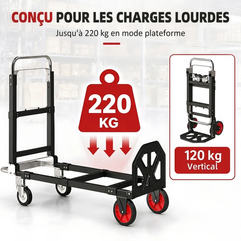 HOMCOM Diable Pliable 2 en 1 Extensible 220KG Pliage Plat Chariot Plateforme Acier Poignée Réglable Roues 360° 112x41x92cm Noir