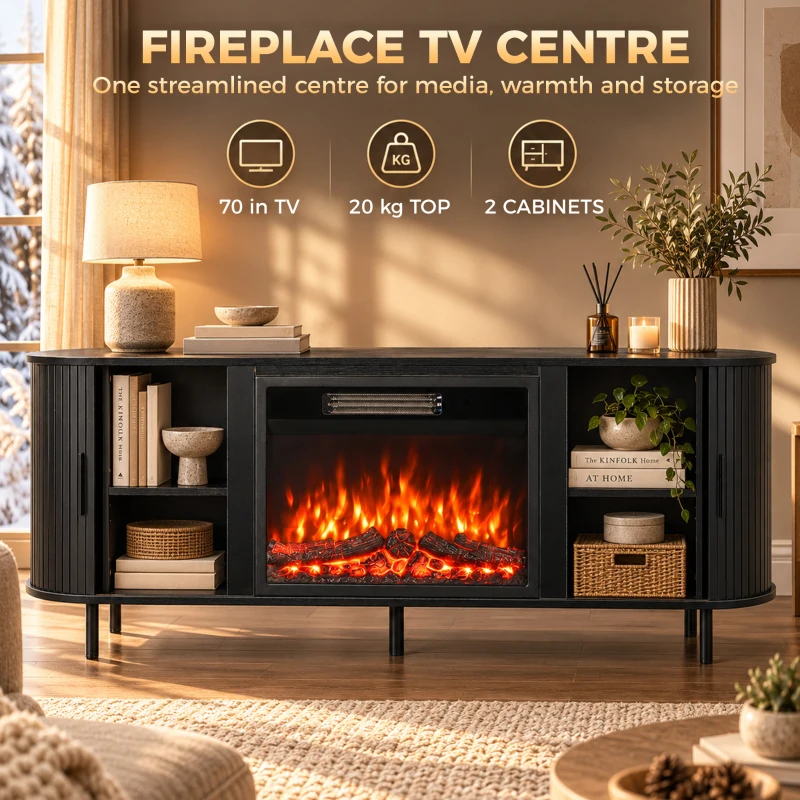 HOMCOM Electric Fireplace TV Stand for 70" TVs, 1800W Entertainment Center with Adjustable Flame Effect, Storage
