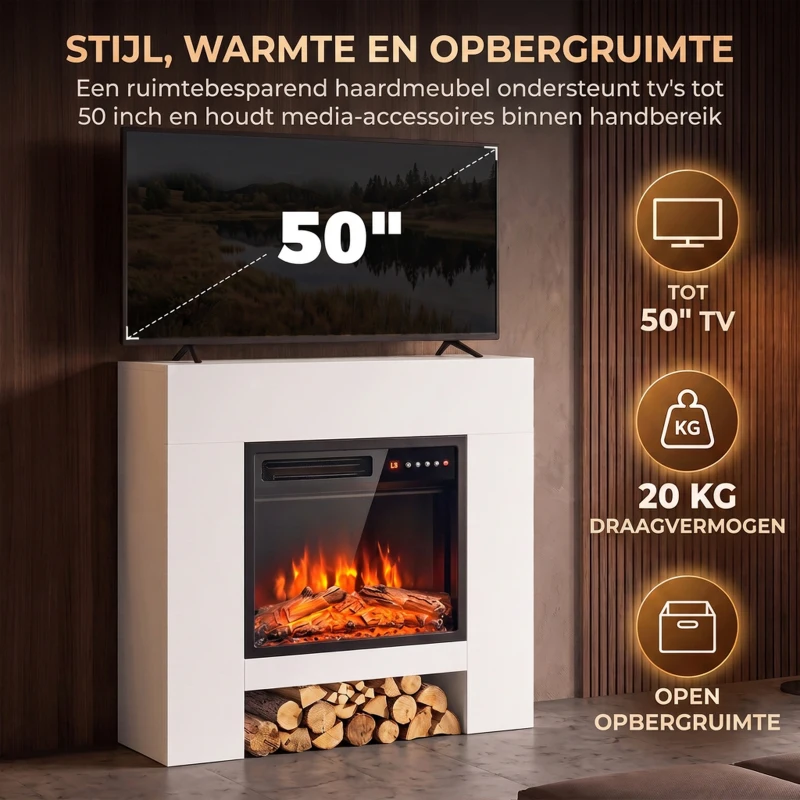 HOMCOM Elektrische haard met schouw en TV-meubel, inclusief afstandsbediening, voor 50 inch, 75 cm, wit