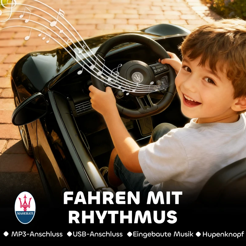 AIYAPLAY Maserati elektrische auto voor kinderen, 2-zitter, 12V batterij, afstandsbediening, LED-lampen, muziekfunctie, Zwart