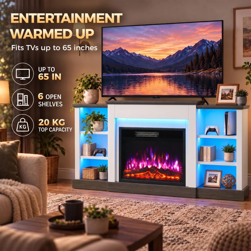 HOMCOM Electric Fireplace TV Stand 138cm, LED Strips, Adjustable Flame Effect, 6 Shelves, Entertainment Center Console Table