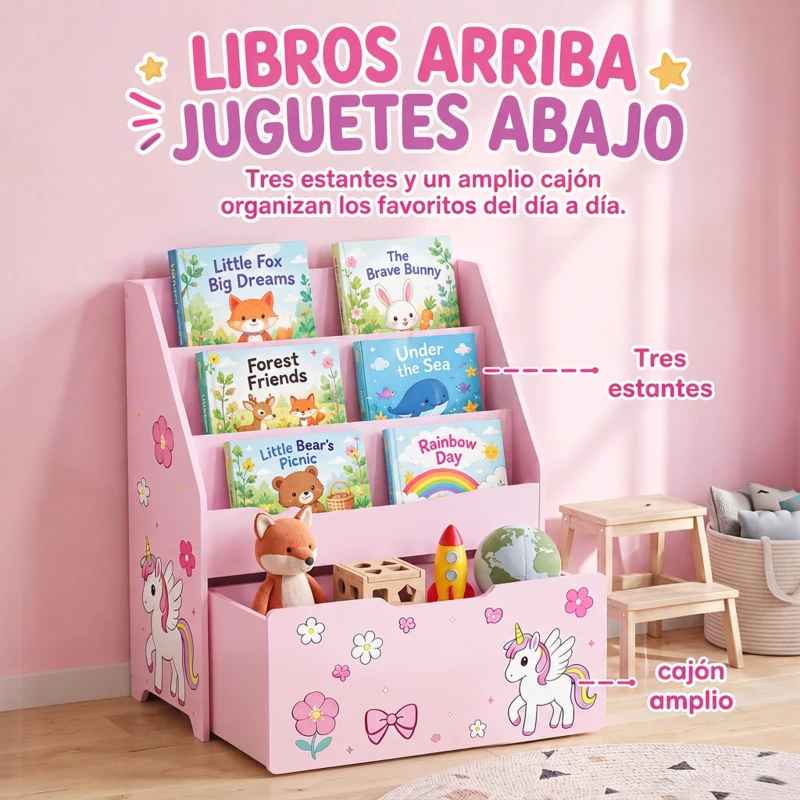 AIYAPLAY Librería Infantil con Cajón Móvil y 3 Estantes Estantería para Libros Diseño de Unicornio Montessori 3 a 8 Años Rosa