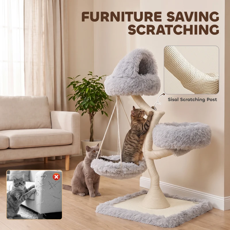 PawHut 115 cm Modern Cat Tree Tower for Large Cats with Sisal Scratching Post, Holds 1 Cat up to 6kg, Machine-Washable Beds
