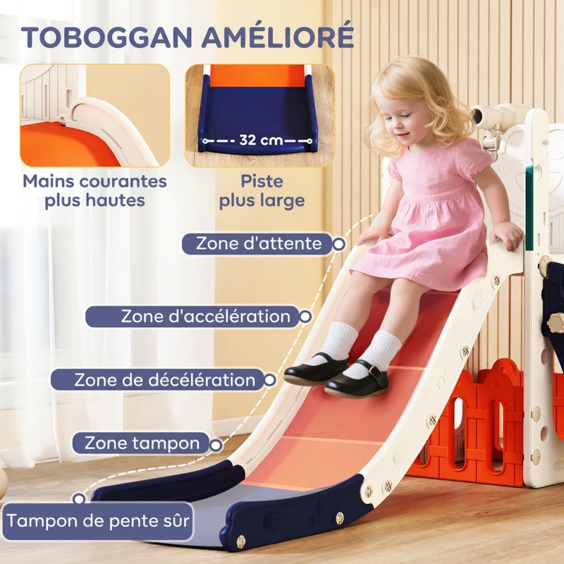 AIYAPLAY Toboggan pour tout-petits 5 en 1 toboggan autoportant pour enfant avec panier de basket, télescope, 178x70x86cm, jaune