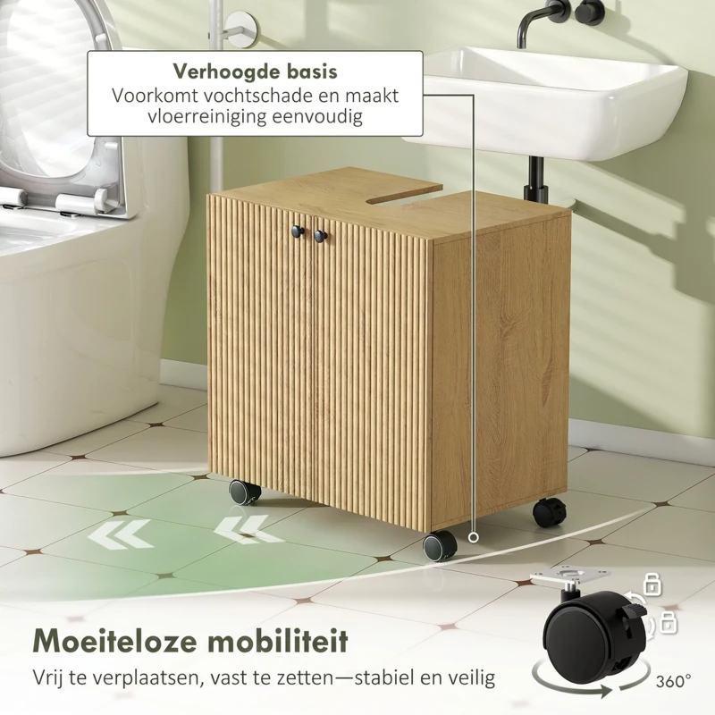 HOMCOM Wastafelonderkast voor badkamer, 3-niveaus plank, wielen, hout(m-7)
