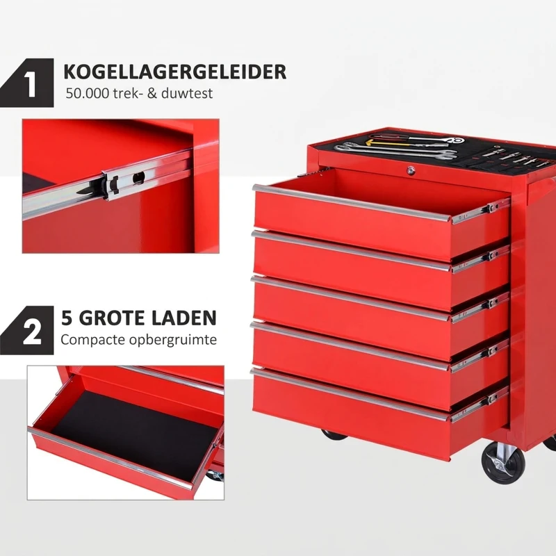 DURHAND Rolwagen, Gereedschapskast voor Garage, Staal, 69L x 33B x 75H cm, Rood