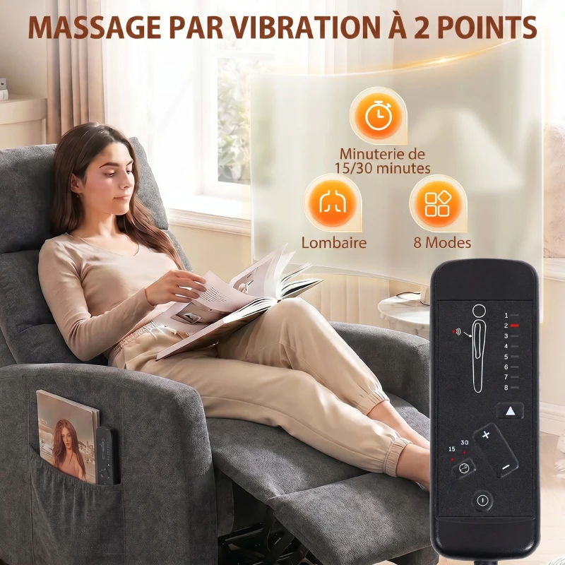 HOMCOM Fauteuil Inclinable de Massage par Vibration, Fauteuil de Relaxation en Chenille avec Dossier Réglable par Poussée, Gris