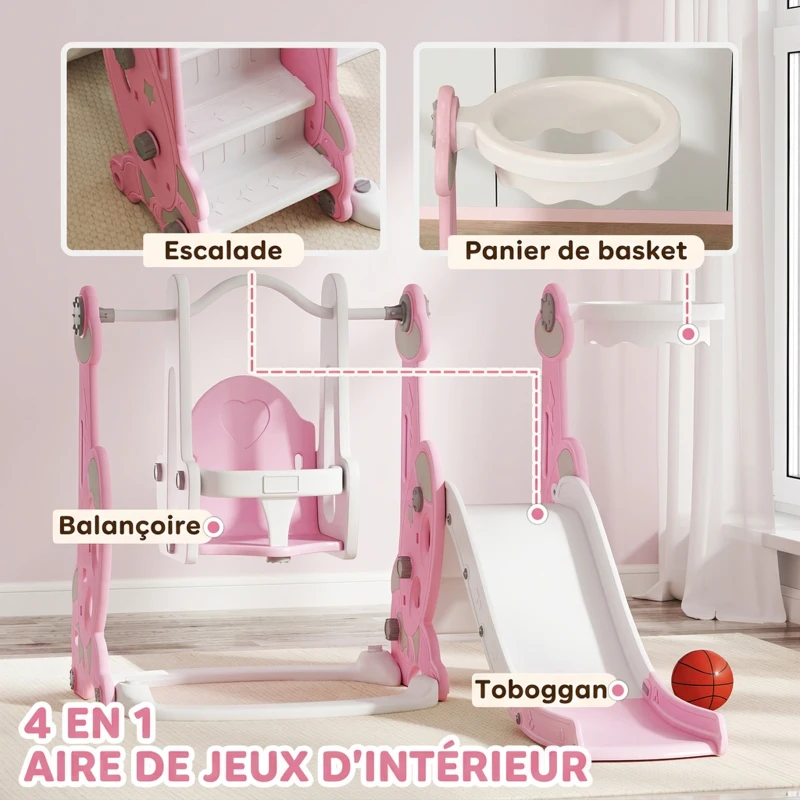AIYAPLAY Toboggan et balançoire pour enfants 4 en 1 avec panier de basket et échelle, 147,5 x 160 x 107 cm, rose