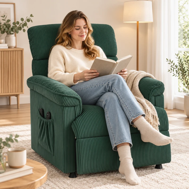 HOMCOM Corduroy Electric Recliner Armchair with Massage and Heat - Green