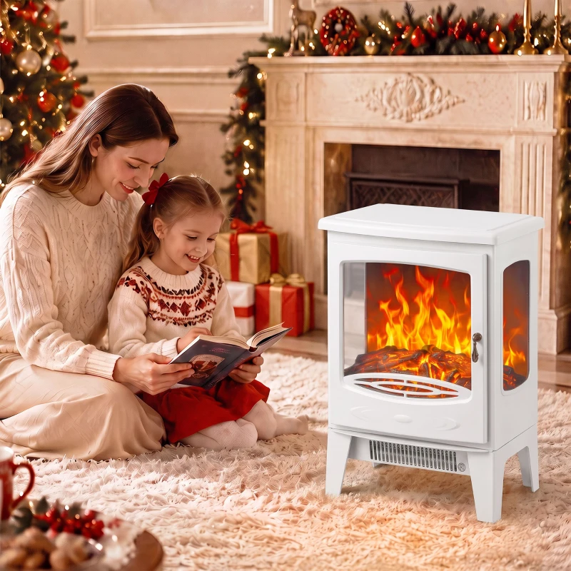 HOMCOM 900W/1800W Freestanding Electric Fireplace, Room Heater with Adjustable Artificial Flame, 3-Sided Tempered Glass, White